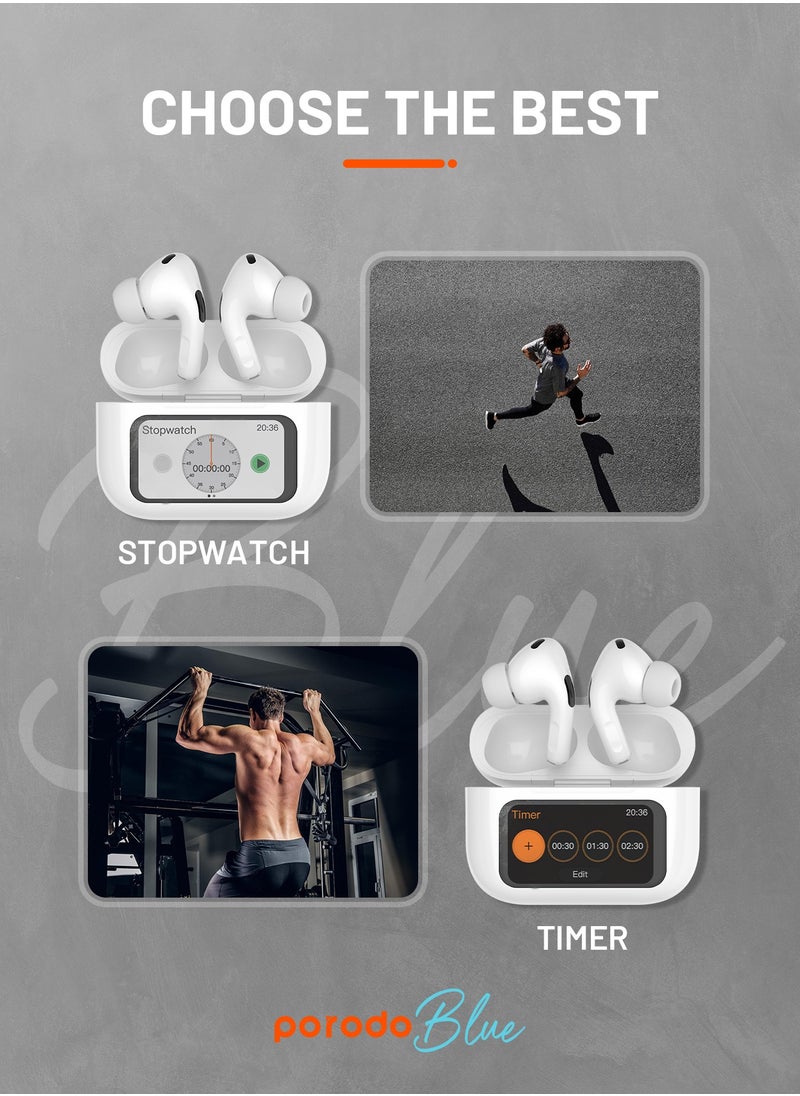 porodo - Earbuds Pro 2 With Touch Display with Environmental Noise Cancellation and ANC / Deep Bass / Touch Control / 20 Hours Working Time /1.47 inch Screen size - White - Image 1