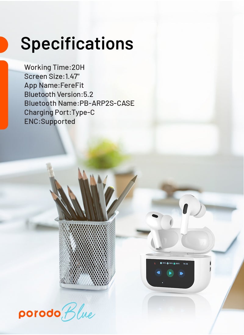 porodo - Earbuds Pro 2 With Touch Display with Environmental Noise Cancellation and ANC / Deep Bass / Touch Control / 20 Hours Working Time /1.47 inch Screen size - White - Image 1