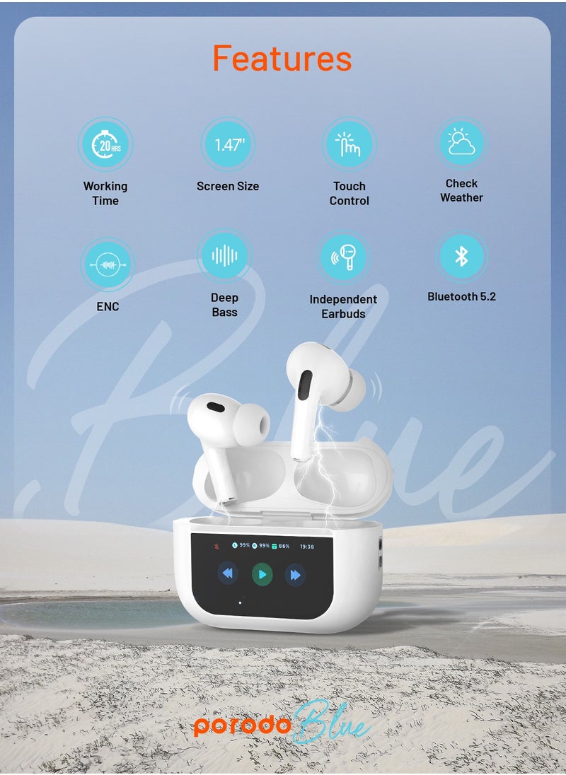 porodo - Earbuds Pro 2 With Touch Display with Environmental Noise Cancellation and ANC / Deep Bass / Touch Control / 20 Hours Working Time /1.47 inch Screen size - White - Image 1