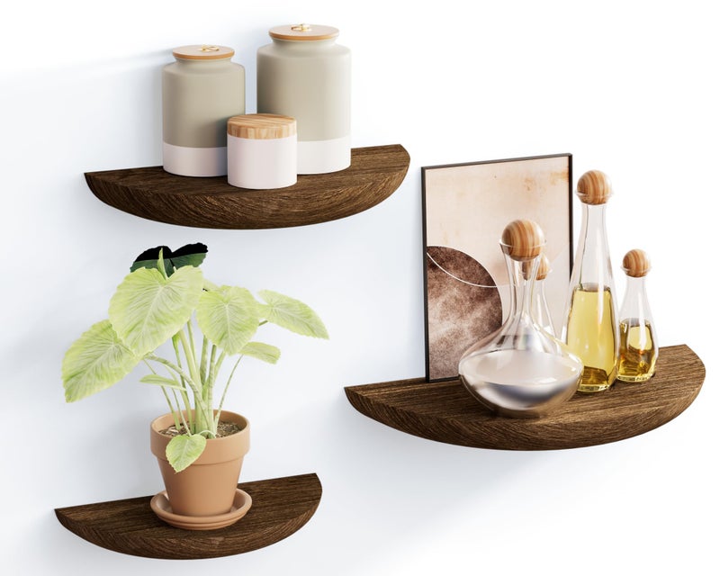 QsQueen Solid Wood Half Round Floating Wall Shelves | Elegant Floating Shelves, Elevate Your Space. Perfect for Living Rooms, Bathrooms, Bedrooms, Offices, Children's Rooms Brown - Image 1