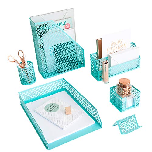 BLU MONACO Aqua - Teal 6 Piece Cute Desk Organizer Set - Desk Organizers and Accessories for Women - Cute Office Desk Accessories - Desktop Organization - Image 1