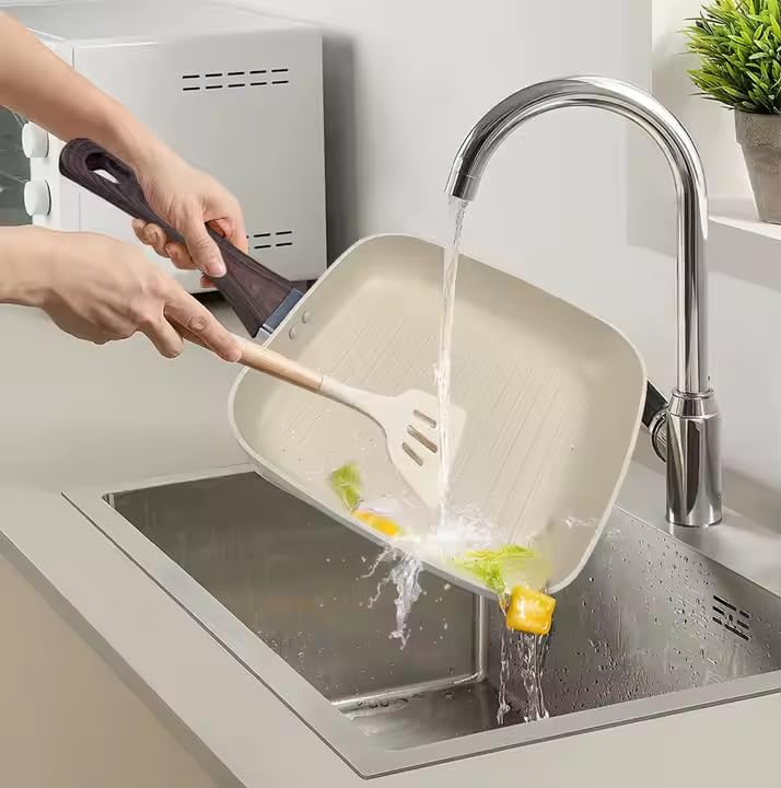 JUGTE Cast Aluminum Non Stick Square Grill Pan Granite Finish Wooden Finish Soft Touch Handle idle to stir Fry Veggies Omelets and Grill Sandwiches PFOA Free Gill Pan White 28cm - Image 2