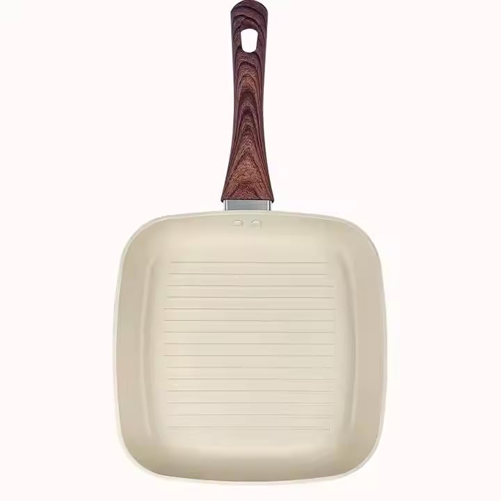 JUGTE Cast Aluminum Non Stick Square Grill Pan Granite Finish Wooden Finish Soft Touch Handle idle to stir Fry Veggies Omelets and Grill Sandwiches PFOA Free Gill Pan White 28cm - Image 1