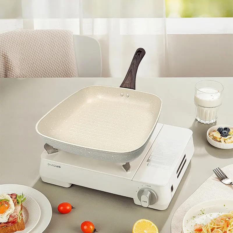 JUGTE Cast Aluminum Non Stick Square Grill Pan Granite Finish Wooden Finish Soft Touch Handle idle to stir Fry Veggies Omelets and Grill Sandwiches PFOA Free Gill Pan White 28cm - Image 3
