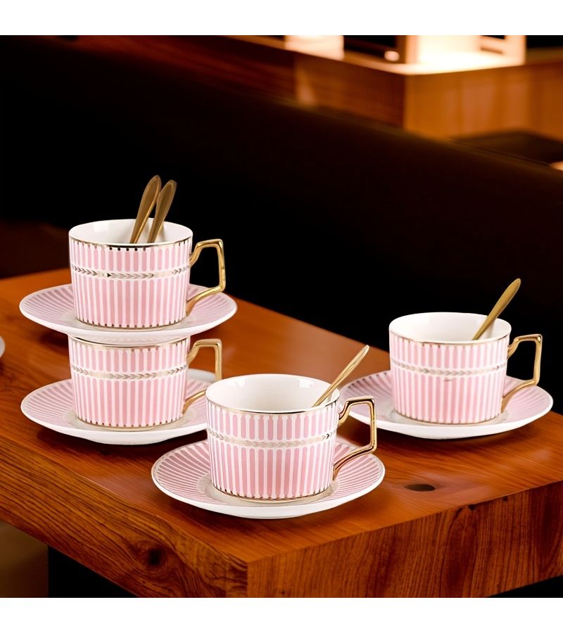 Bright Blue 4 Piece Ceramic Coffee Cup Set With Saucers And Spoons For Latte Cappuccino Tea - Image 4