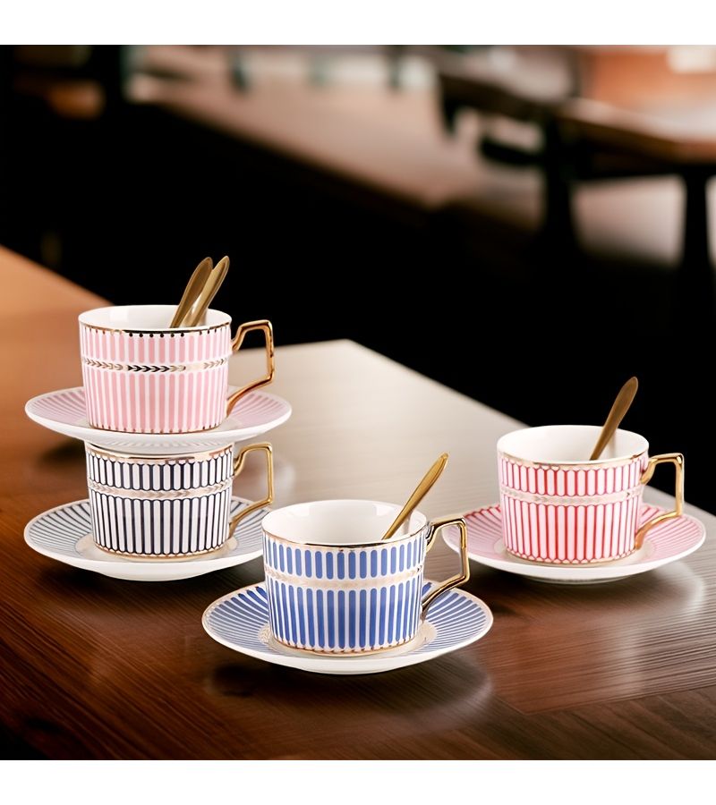 Bright Blue 4 Piece Ceramic Coffee Cup Set With Saucers And Spoons For Latte Cappuccino Tea - Image 1