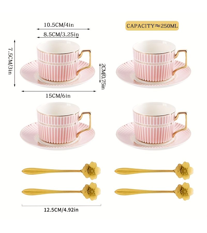 Bright Blue 4 Piece Ceramic Coffee Cup Set With Saucers And Spoons For Latte Cappuccino Tea - Image 2