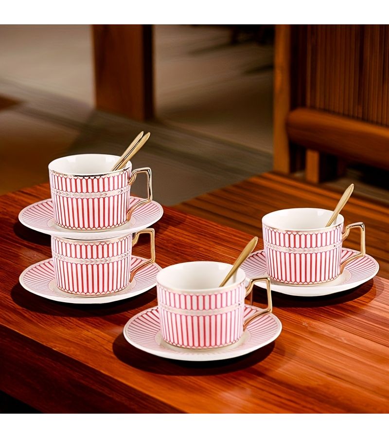 Bright Blue 4 Piece Ceramic Coffee Cup Set With Saucers And Spoons For Latte Cappuccino Tea - Image 5