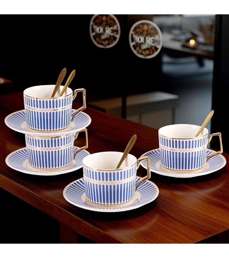 Bright Blue 4 Piece Ceramic Coffee Cup Set With Saucers And Spoons For Latte Cappuccino Tea - Image 3