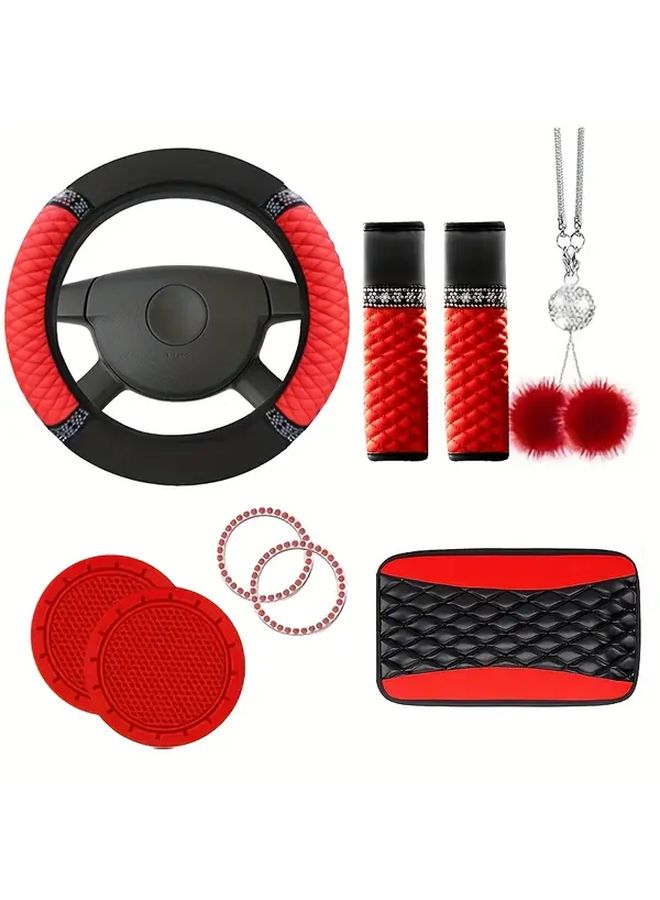 Beige Color 9Pcs PU Leather Car Interior Set With Steering Wheel Cover And Dashboard Protectors - Image 1