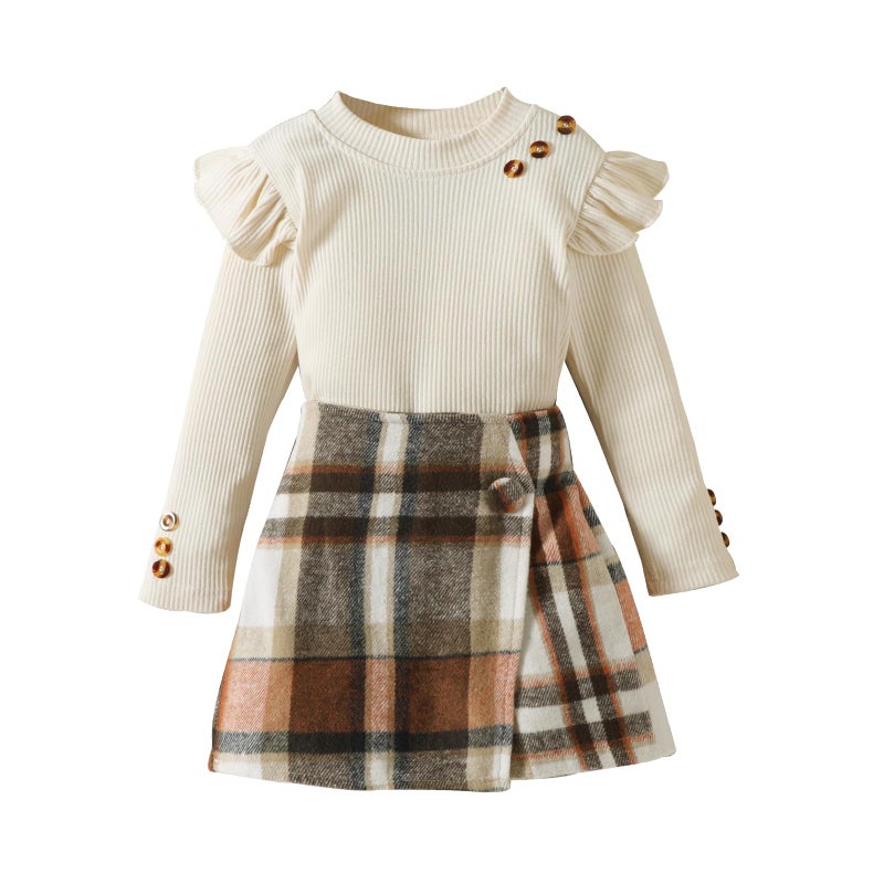 Fernvia Toddler Girl Fall Winter Clothes Ruffles Long Sleeve Shirt and Plaid Shorts Skirt Kids Little Girl 2Pcs Outfits Set - Image 1
