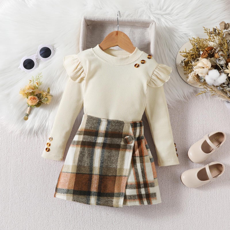 Fernvia Toddler Girl Fall Winter Clothes Ruffles Long Sleeve Shirt and Plaid Shorts Skirt Kids Little Girl 2Pcs Outfits Set - Image 2
