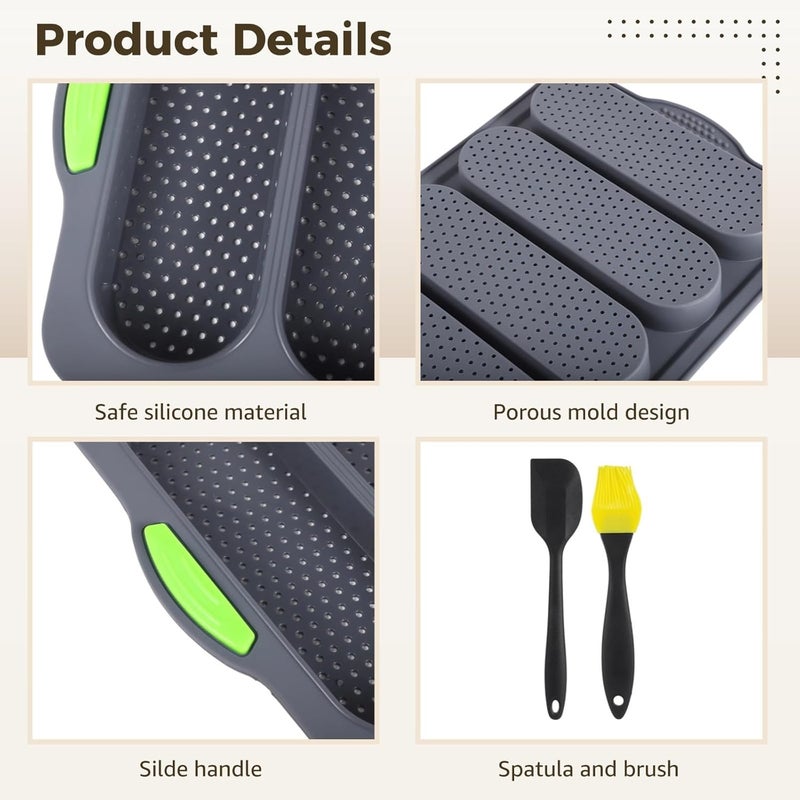 2 Silicone Baking Molds, 13.2 X 9.3 Inches, High-Heat Resistant, 4-Slot Design, Non-Slip Green Handles, Dishwasher & Freezer Safe - Image 2