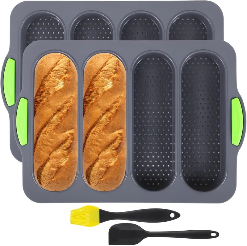 2 Silicone Baking Molds, 13.2 X 9.3 Inches, High-Heat Resistant, 4-Slot Design, Non-Slip Green Handles, Dishwasher & Freezer Safe - Image 1