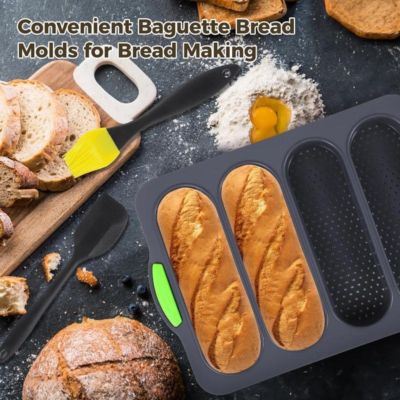 2 Silicone Baking Molds, 13.2 X 9.3 Inches, High-Heat Resistant, 4-Slot Design, Non-Slip Green Handles, Dishwasher & Freezer Safe - Image 3