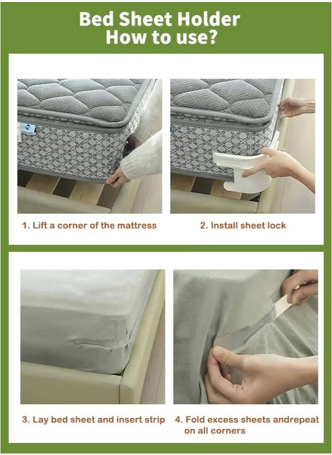 4 Pieces Bed Sheet Holder Set with Lock Strips，Bed Sheet Fastener Clips, equipped with locking strips and anti slip locking clips, suitable for mattresses, and bedding of various sizes