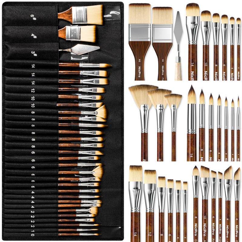 Nicpro 30pcs Paint Brush Set, Professional Paintbrushes with Paint Spatula and Cloth Roll, Craft Paint Brushes for Acrylic Painting, Oil, Watercolor, Gouache, Art Supplies for Artists and Beginners - Image 1