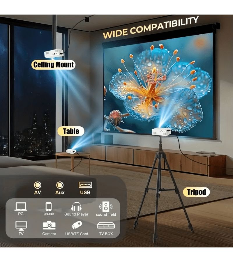 جهاز عرض ذكي بميزات مطورة، اتصال USB، صوت سلكي عالي الحدة، مشاهدة الأفلام، تركيب سهل مع هدايا إضافية. - Image 3