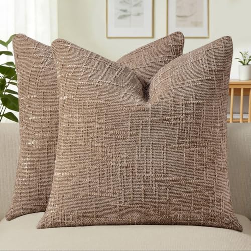Allorry Decorative Couch Throw Pillow Covers 18x18 Set of 2 Camel Soft Chenille Pillow Covers Neutral Textured Boho Cushion Covers for Modern Farmhouse Sofa Bedroom Living Room Decor SY008D18 - Image 1