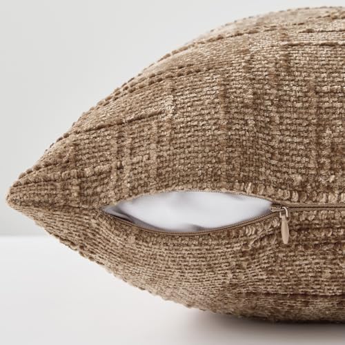 Allorry Decorative Couch Throw Pillow Covers 18x18 Set of 2 Camel Soft Chenille Pillow Covers Neutral Textured Boho Cushion Covers for Modern Farmhouse Sofa Bedroom Living Room Decor SY008D18 - Image 3