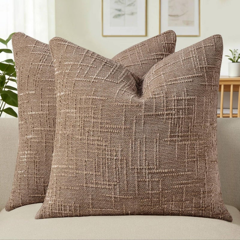 Allorry Decorative Couch Throw Pillow Covers 18x18 Set of 2 Camel Soft Chenille Pillow Covers Neutral Textured Boho Cushion Covers for Modern Farmhouse Sofa Bedroom Living Room Decor SY008D18 - Image 2
