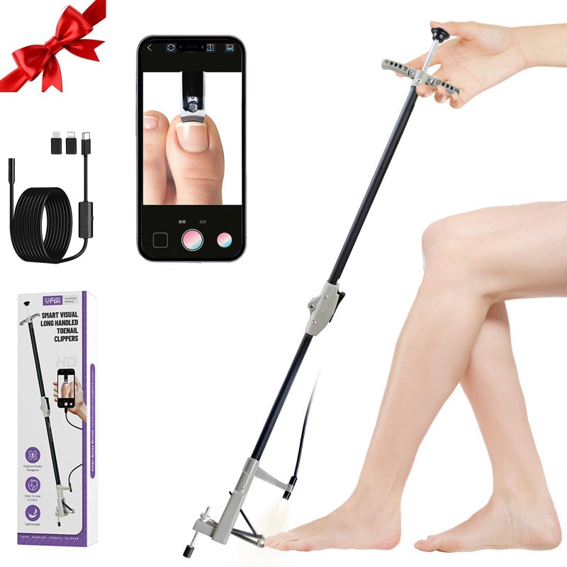 LookFox Long Handled Toenail Clippers with HD Endoscope & LED Light, 32" Foldable Aluminum, Adjustable Support Leg, Stainless Steel Blade for Thick Nails, for Seniors, Overweight and Arthritis Users - Image 1