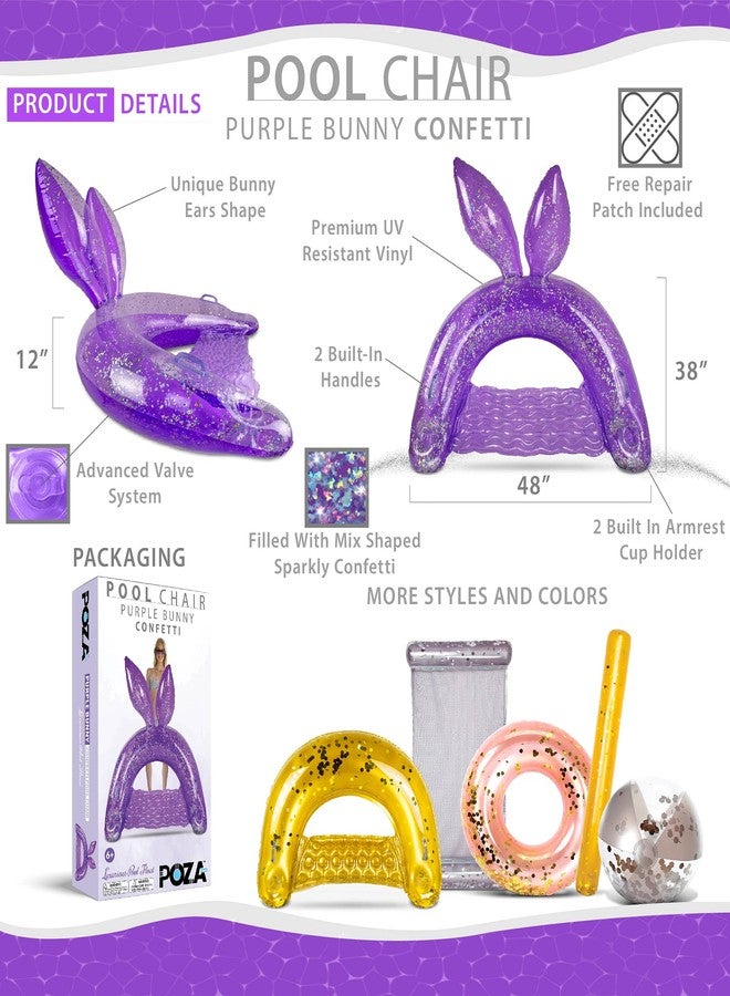 POZA Inflatable Purple Bunny Pool Float Chair - Luxurious Lounger Filled with Sparkle Confetti, 2 Built in Cup Holders & Handles, Water Floating Chair for Beach, Lake & Swimming Pool - 48 x 38 Inch - Image 2