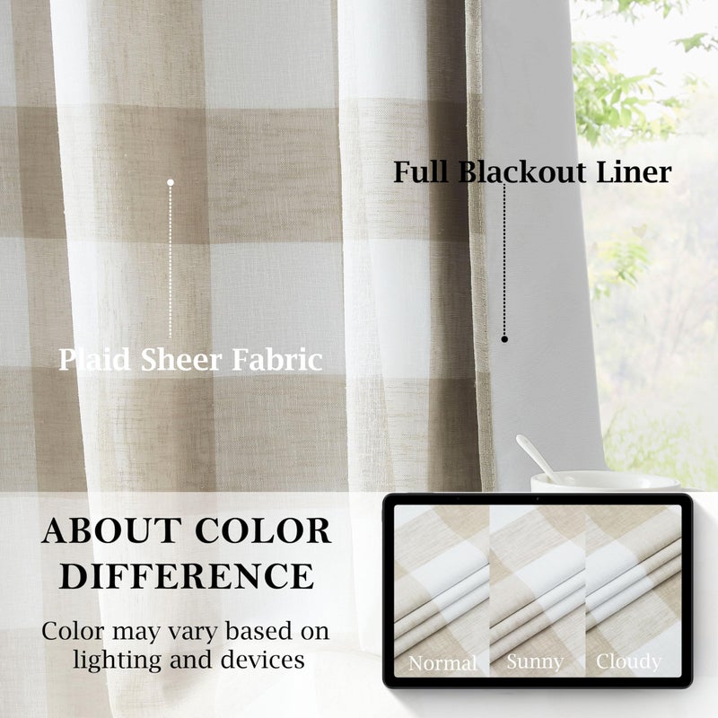 Bapawfish Buffalo Plaid Full Blackout Window Curtains 84 Inches Long Checkered Grommet Panels Farmhouse Geo Energy Efficient Drapes Noise Reducing Thermal Window Treatment Set for Bedroom Tan White,40"x84"x2 - Image 3