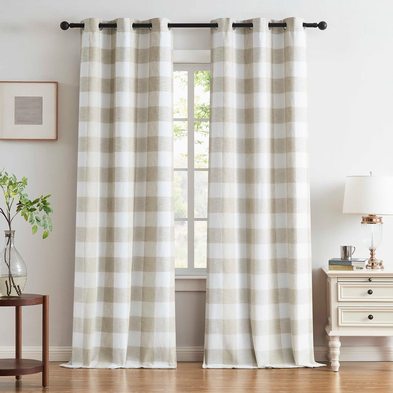 Bapawfish Buffalo Plaid Full Blackout Window Curtains 84 Inches Long Checkered Grommet Panels Farmhouse Geo Energy Efficient Drapes Noise Reducing Thermal Window Treatment Set for Bedroom Tan White,40"x84"x2 - Image 1