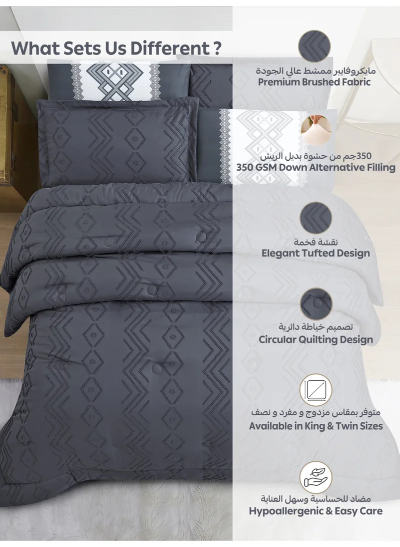 Donetella Bedding Comforter Set King Size, 6-Pcs Bed Set Fits 200x200 Cms -Tufted Embroidery Set-All Season- 350 GSM Brushed Microfiber (طقم مفرش سرير فندقي)