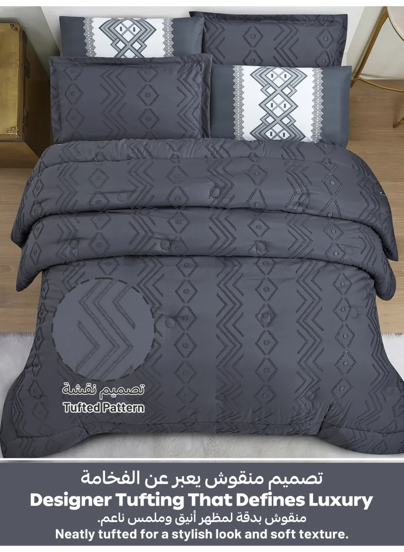 Donetella Bedding Comforter Set King Size, 6-Pcs Bed Set Fits 200x200 Cms -Tufted Embroidery Set-All Season- 350 GSM Brushed Microfiber (طقم مفرش سرير فندقي)