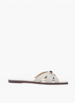 Flora Bella By Shoexpress Monogram Print Cross Strap Slip-On Flat Sandals with Metal Accent  - Image 4