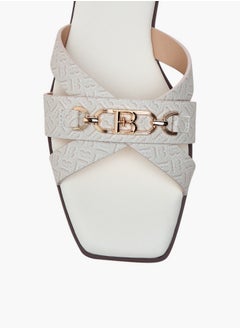 Flora Bella By Shoexpress Monogram Print Cross Strap Slip-On Flat Sandals with Metal Accent  - Image 3