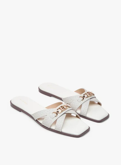 Flora Bella By Shoexpress Monogram Print Cross Strap Slip-On Flat Sandals with Metal Accent