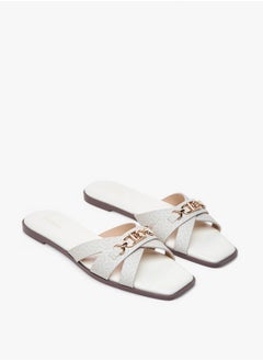 Flora Bella By Shoexpress Monogram Print Cross Strap Slip-On Flat Sandals with Metal Accent  - Image 1