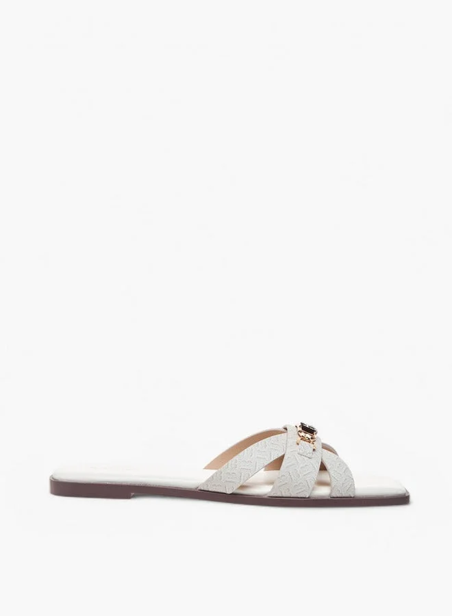 Monogram Print Cross Strap Slip-On Flat Sandals with Metal Accent