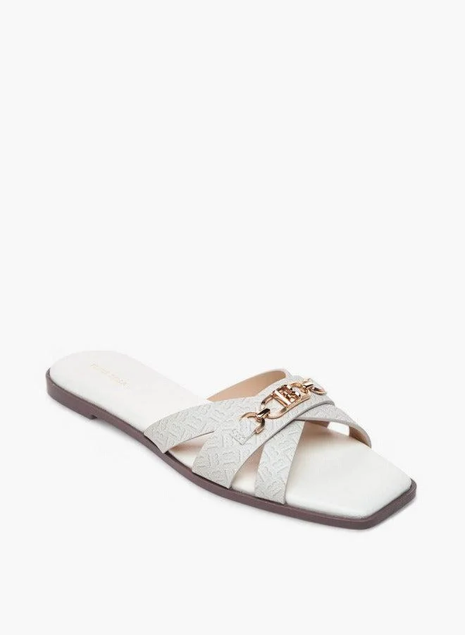 Monogram Print Cross Strap Slip-On Flat Sandals with Metal Accent