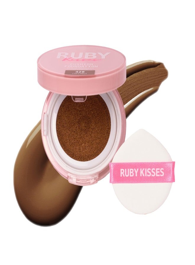 Ruby Kisses Cushion Foundation, Full Coverage Korean Makeup, Lightweight & Long Lasting, All Day Natural Glowy Finish for All Skin Types with Hyaluronic Acid & Bakuchiol (Chestnut, 0.52 Ounce) - Image 1