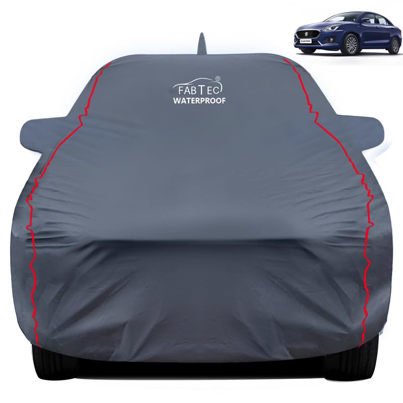 FABTEC Waterproof Premium Car Cover for Maruti Dzire (2017-24) with Mirror and Antenna Pocket Super Waterproof Car Body Cover Heavy Duty Durable Peva Grey with Red Piping - Image 1