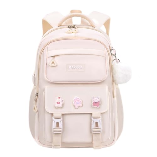 MININAI Cute Backpack for Kids Teen Girls Boys Kawaii Aesthetic Elementary Middle School Student Bookbag Preppy Laptop Backpack for Ages 6-8 8-10 10-12 with Pin Accessories Plush Pendant, Beige - Image 1