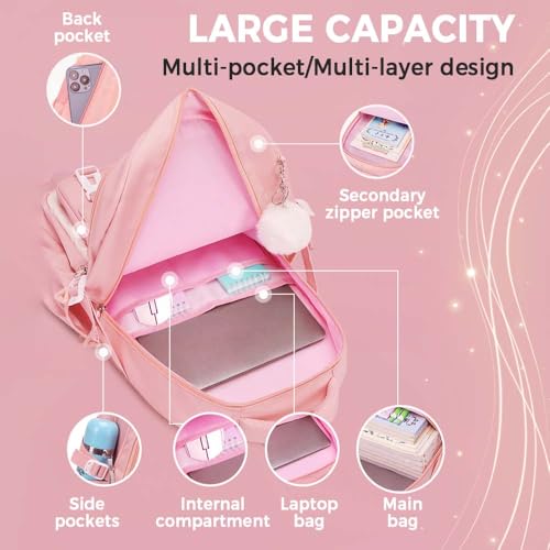 MININAI Cute Backpack for Kids Teen Girls Boys Kawaii Aesthetic Elementary Middle School Student Bookbag Preppy Laptop Backpack for Ages 6-8 8-10 10-12 with Pin Accessories Plush Pendant, Beige - Image 3