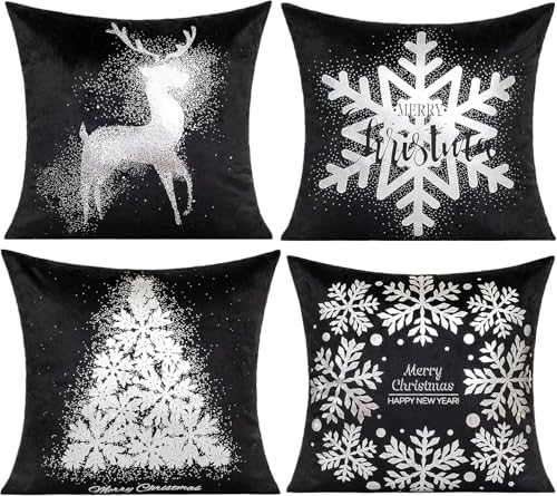 All Smiles Black Silver Christmas Throw Pillow Covers Decorations Cases 18X18 Set of 4 Winter Snowflakes Xmas Indoor Home Dcor Velvet Navidad Cushion for Bed Sofa Couch Tree Reindeer - Image 1