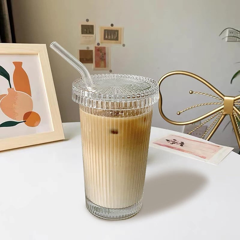 YAHUIPEIUS Glass Tumbler Stripe Glass Cup Coffee Cup With Lid and Straw Drinking Glasses for Water,Iced Coffee,Milk,Tea,Juice (A-Stripe) - Image 4