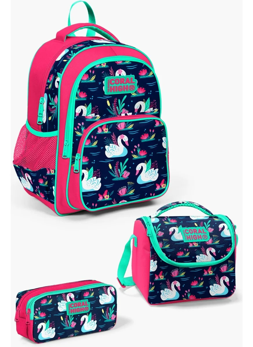 CORAL HIGH Kids Neon Coral Navy Blue Swan Patterned 3-Piece School Bag Set SET0123402