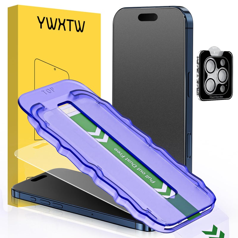 YWXTW 2 Pack for iPhone 17 Pro Matte Screen Protector 6.3 Inch + 1 Set Camera Lens Protector, [1S Pull-Out] Anti Glare Anti Fingerprint 17 Pro Glass Screen Protector, Bubble Free, Smooth as Silk - Image 1
