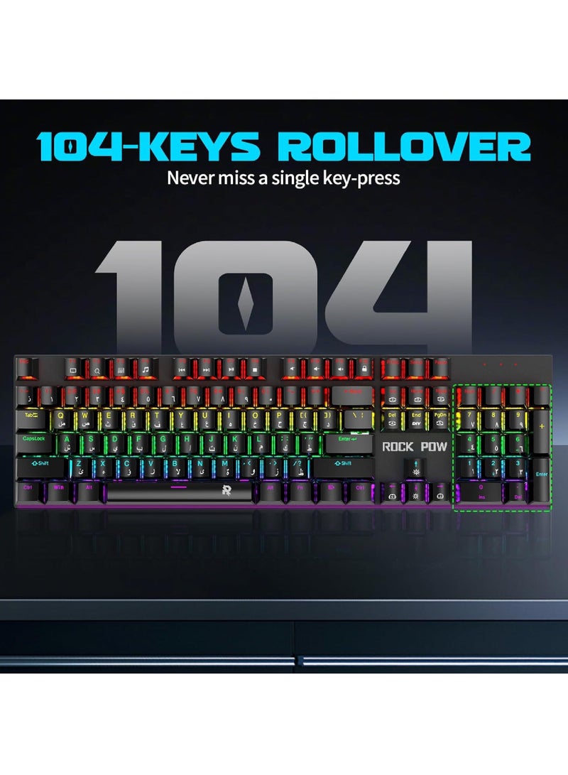 Rock Pow Arabic English Mechanical Gaming Keyboard with RGB LED Backlit 104 Keys USB Interface E-sport Waterproof Wired Keyboard for Windows/MacOS/Android PC Gamers - Image 4