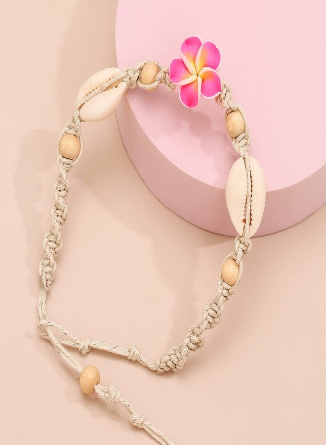DATOA 2Pcs Hawaiian Shell Plumeria Anklet Bracelet for Women Adjustable Bohemia Tropical Flower Braided Bracelet Beach Party Foot Jewelry-A - Image 3