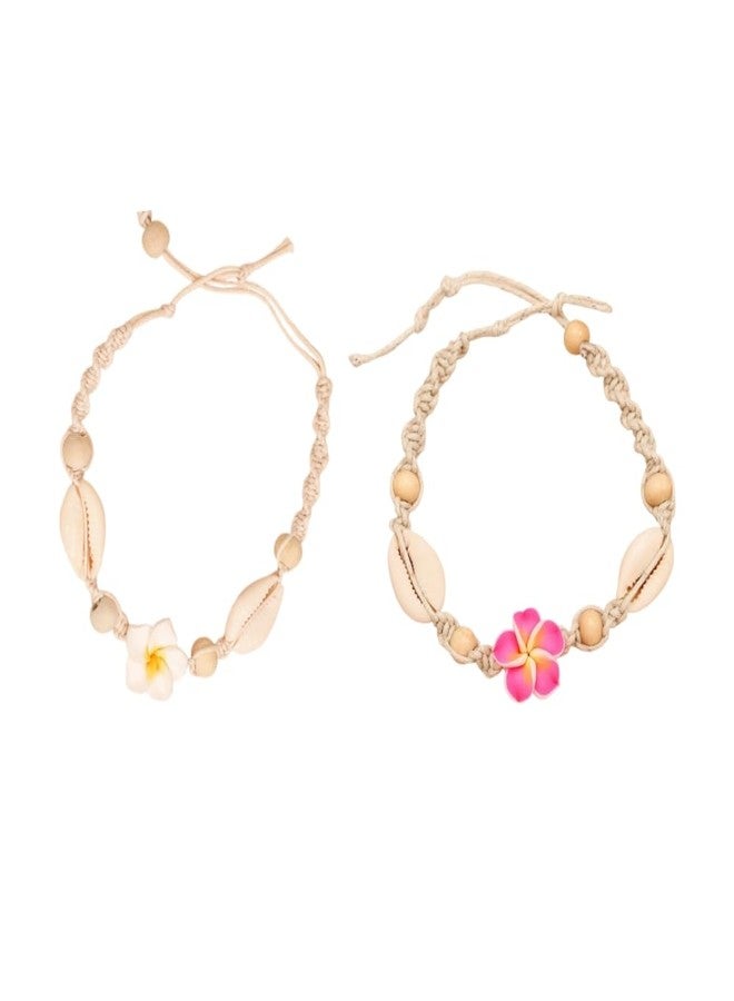 DATOA 2Pcs Hawaiian Shell Plumeria Anklet Bracelet for Women Adjustable Bohemia Tropical Flower Braided Bracelet Beach Party Foot Jewelry-A - Image 1