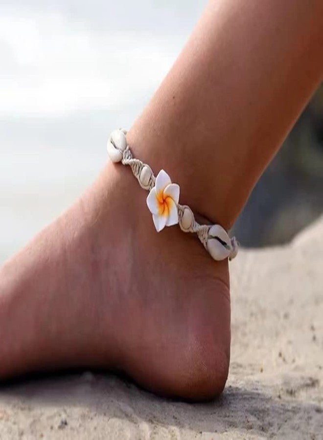 DATOA 2Pcs Hawaiian Shell Plumeria Anklet Bracelet for Women Adjustable Bohemia Tropical Flower Braided Bracelet Beach Party Foot Jewelry-A - Image 4