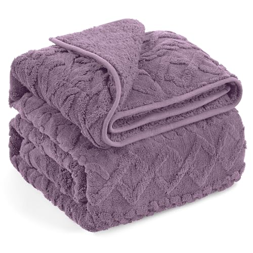 Wemore Weighted Blanket for Adults Twin Size 20 lbs, Dual Sided Soft Fuzzy Jacquard Sherpa Weighted Blankets for Sleeping, Cozy Fluffy Knitted Heavy Blanket for Couch Bed, Purple, 60 x 80 inches - Image 1